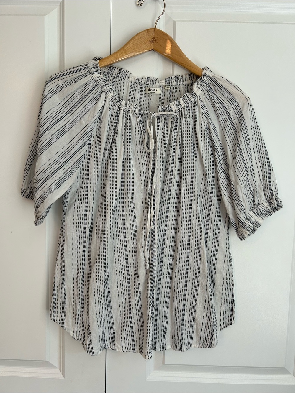 Dylan white black stripe peasant puff sleeve blouse cottage beach cotton m